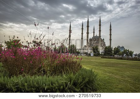 Adana / Turkey, Sabanci Central Mosque View. Travel Concept Photo.