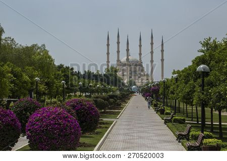 Adana / Turkey, Sabanci Central Mosque View. Travel Concept Photo.