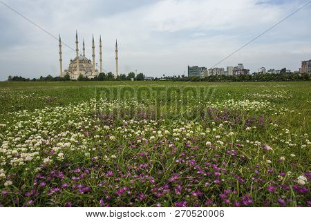 Adana / Turkey, Sabanci Central Mosque View. Travel Concept Photo.