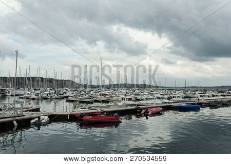 Morgat, France 29 May 2018 Panoramic Outdoor View Of Sete Marina Many Small Boats And Yachts Aligned