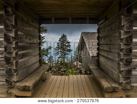 Looking Through Log Frame Building At Mount Leconte