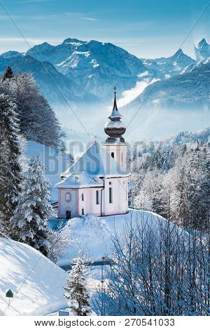 Beautiful Winter Wonderland Mountain Scenery In The Alps With Pilgrimage Church Of Maria Gern, Berch