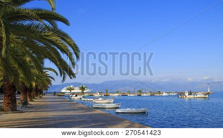 Seafront Promenade In Nafplio. Nafplio Is A Seaport Town In The Peloponnese Peninsula, Greece.