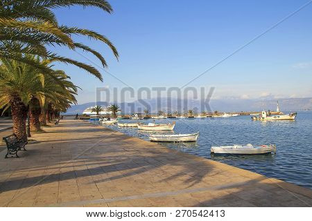 Seafront Promenade In Nafplio. Nafplio Is A Seaport Town In The Peloponnese Peninsula, Greece.
