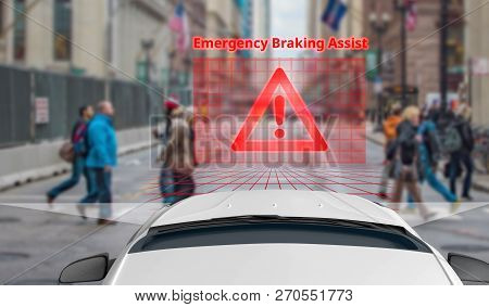 Emergency Braking Assist (eba) Sysyem To Avoid Car Crash Concept. Smart Car Technology,