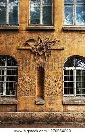 Grunge Freemasonry Emblem On A Dramatic Background - Masonic Triangle And Compass, Closeup Of Old Ar