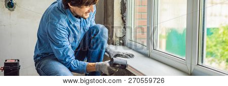 Man In A Blue Shirt Does Window Installation Banner, Long Format