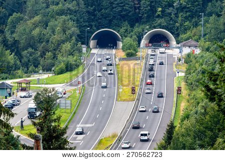 Beautiful View Of Mountains And Entrance To Autobahn Tunnel Near Village Of Werfen, Austria