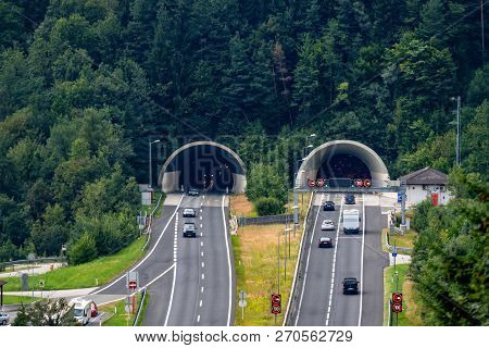 Beautiful View Of Mountains And Entrance To Autobahn Tunnel Near Village Of Werfen, Austria