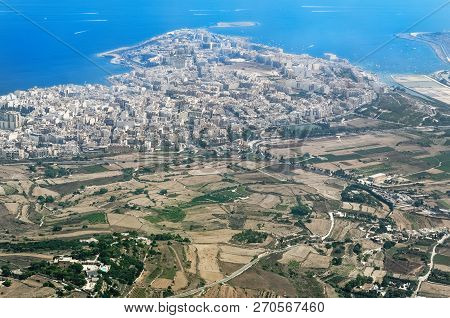 Aerial View At Bugibba City From Airplane. Bugidda Is A City Of Smallest European Island State Of Ma