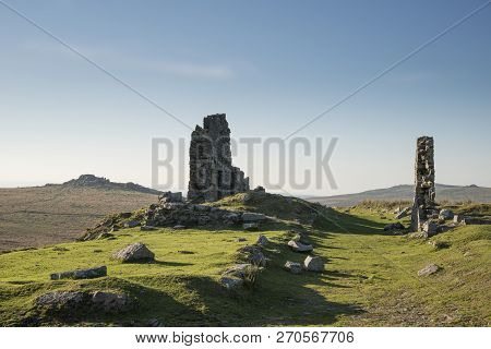 Beautiful Landscape Sunset Image Over Abandoned Foggintor Quarry In Dartmoor With Raking Soft Sunlig