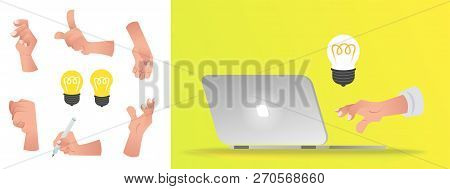 Hand Reaches For A Computer To Write An Idea Into An Electronic Document. A Set Of Cruel Hands For A
