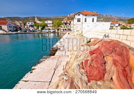 Fishing Nets On Dock In Adriatic Village Of Kastel Kambelovac, Split Archipelago In Croatia