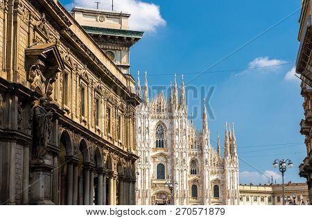 Duomo Di Milano Cathedral On Piazza Del Duomo Square And Palazzo Giureconsulti Palace With Columns O