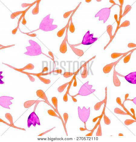 Cute Watercolor Floral Seamless Pattern. Pink Boho Flowers. Vintage Hippie Style. Cute Floral Waterc