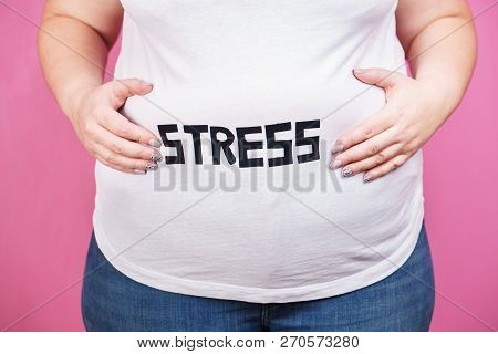 Stress, Mind Problems, Bulimia, Compulsive Overeating, Weight Gain. Overweight Woman With Belly Fat,