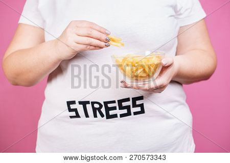 Stress, Eating Problems, Bulimia, Compulsive Overeating, Weight Gain. Overweight Woman With Portion 