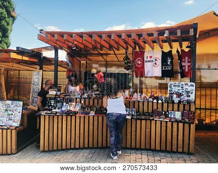 Tbilisi, Georgia -  July 16, 2018: Old Tbilisi Architecture, Souvenir Close Shop  In Tbilisi, Georgi