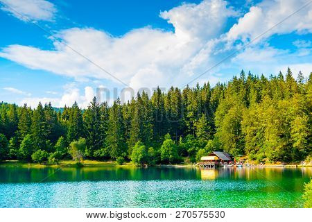 View Of Hut On Lower Lake In Fusine, Tarvisio, Friuli, Italy