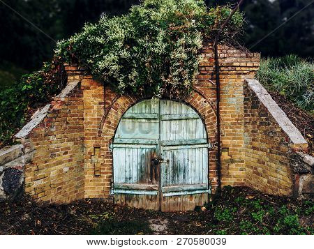 Ruins Of Old Cellar In Green Forest. Crawl Space With Lock On Shabby Blue Wooden Door. Concept - Ent