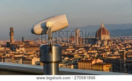 Amazing Viewpoint With Coin Binoculars In Florence, Italy. Binoculars Overlooking Florence Bird View