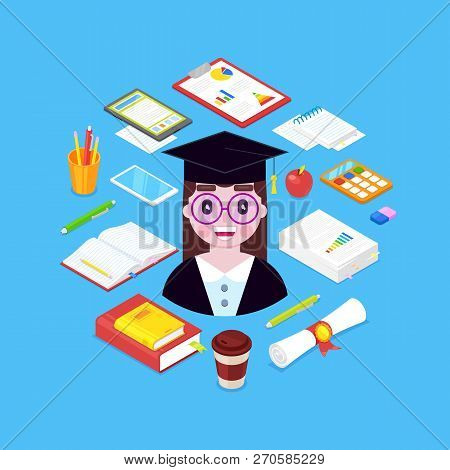 Girl Scientist With Stationary - Books, Pen,pencil,calculator On Blue Background.