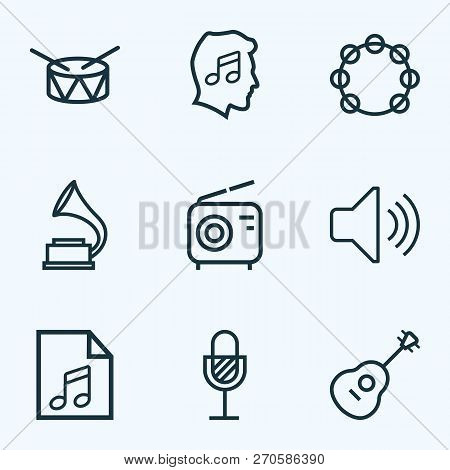 Music Icons Line Style Set With Radio, Tambourine, Volume And Other Timbrel Elements. Isolated  Illu