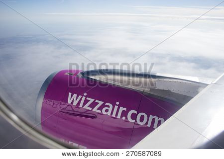 Luton/england - October 11, 2018: View From Wizz Air Plane During Flight On Sunny Day.