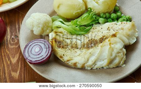 Persetorsk,  Traditional Cod Dish, Norwegian  Cuisine,  Traditional Assorted Dishes, Top View.