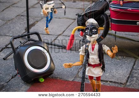 Traditional Neapolitan Puppet Pulcinella On The Street Of Naples, Italy. Performance With A Puppetee