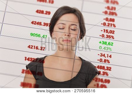 Brunette With Clothing Eyes And Economic Graph On Foreground