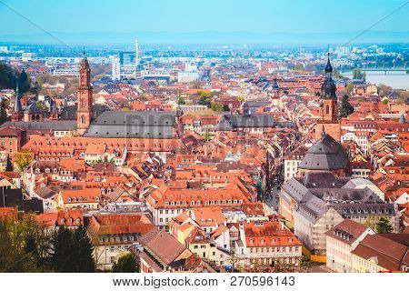 Panoramic View Of The Old Town Of Heidelberg On A Beautiful Sunny Day With Blue Sky And Clouds In Su