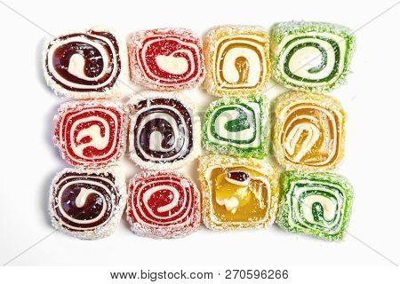 Sweet Candy Background. Colored Candy On White Background.