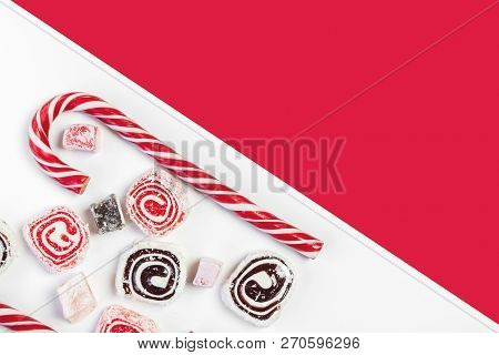 Sweet Candy Background. Red And White Background. Top View. Copy Space.