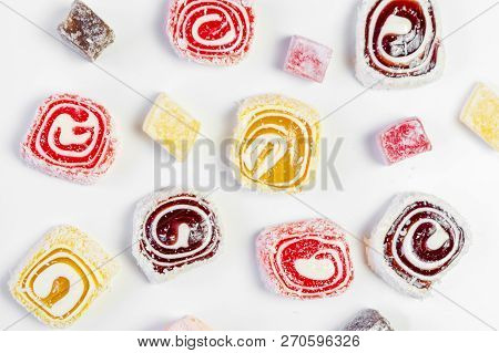 Sweet Candy Background. Colored Candy On White Background. Oriental Sweets.