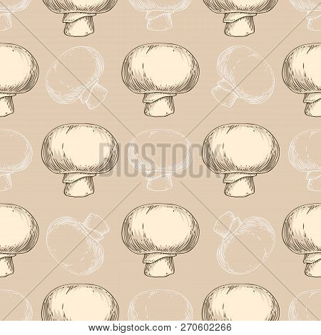 Seamless Pattern With Whole Champignon Mushrooms On Beige Background