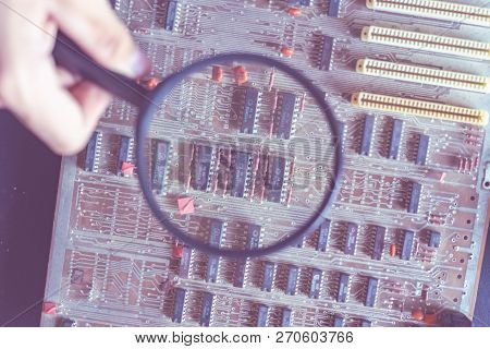 Micro Or Nano Electronic Board Reapir Concept, Hand Hold Magnifying Glass