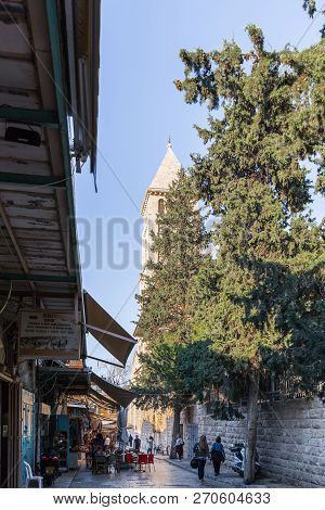 Jerusalem, Israel, November 17, 2018 : Numerous Shops And Cafes On Muristan Street In The Old City O