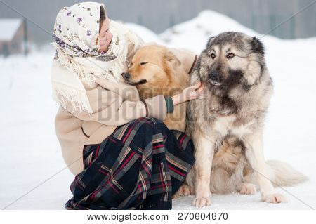 The Girl Trains Dogs On A Snowy Ground In The Middle Of The Forest In Winter. The Girl In A Coat, A 