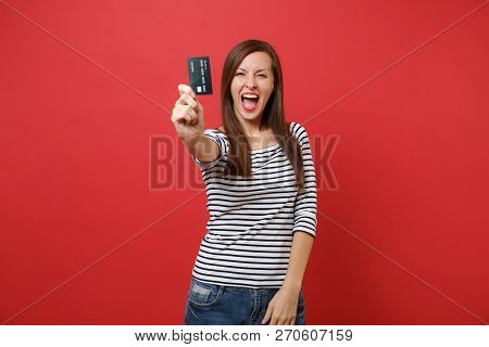 Portrait Of Happy Young Woman In Casual Striped Clothes Screamin