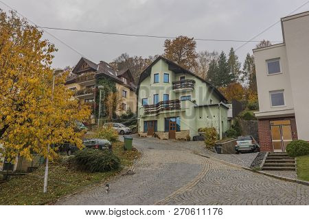 Houses In Luhacovice Spa Town In Autumn Hot Dark Morning