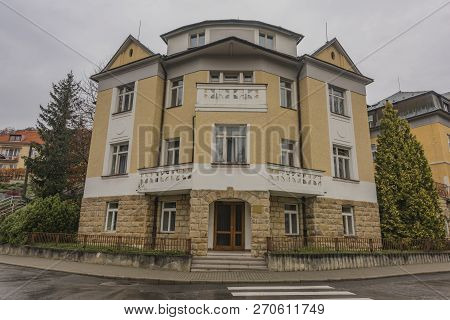 Houses In Luhacovice Spa Town In Autumn Hot Dark Morning