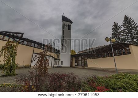 Modern Church In Luhacovice Spa Town In Autumn Hot Dark Morning