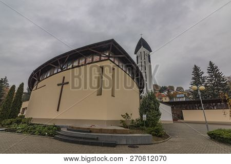 Modern Church In Luhacovice Spa Town In Autumn Hot Dark Morning