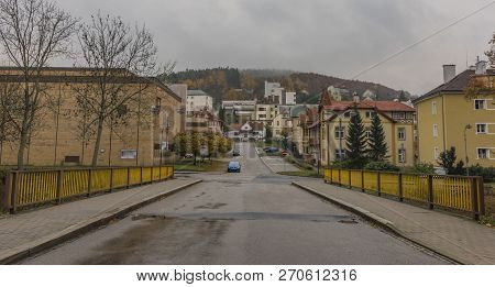 Houses In Luhacovice Spa Town In Autumn Hot Dark Morning