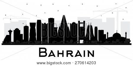 Bahrain City Skyline Silhouette with Black Buildings Isolated on White. Business Travel and Tourism Concept with Modern Architecture. Bahrain Cityscape with Landmarks.