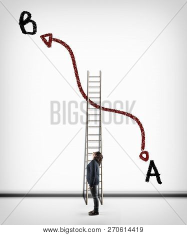 Woman Looking To Path Of Point A To Point B Drawn On A White Wall. Shorter Ladder Between Point A An
