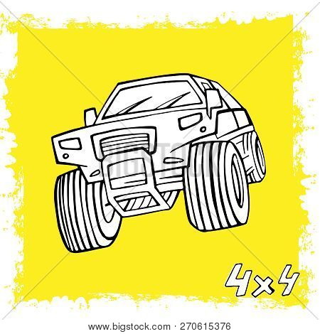 Hand Drawn Offroad 4x4 Car In Creative Doodle Style. Off-road Adventure Element In Black Color Usefu