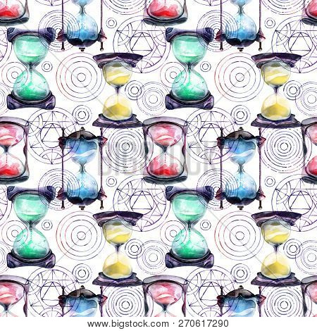 Alchemical Sand Hourglasses And Transmutation Circles, Watercolor Painting On White Background, Seam