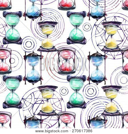 Alchemical Sand Hourglasses And Transmutation Circles, Watercolor Painting On White Background, Seam